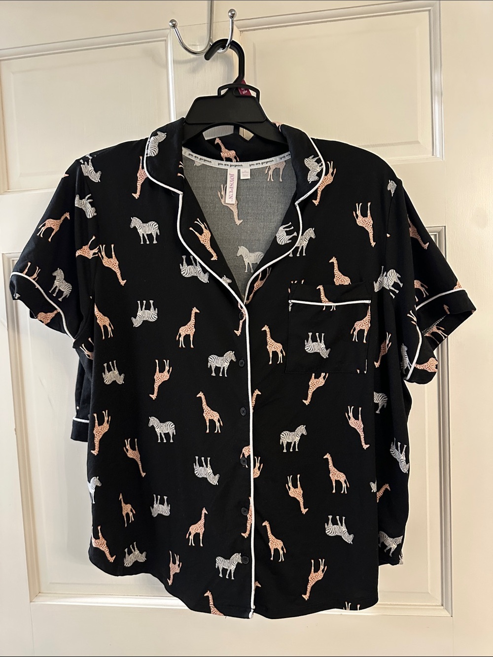 Women's Black Animal-Print Short-Sleeve Pajama Top with White Piping